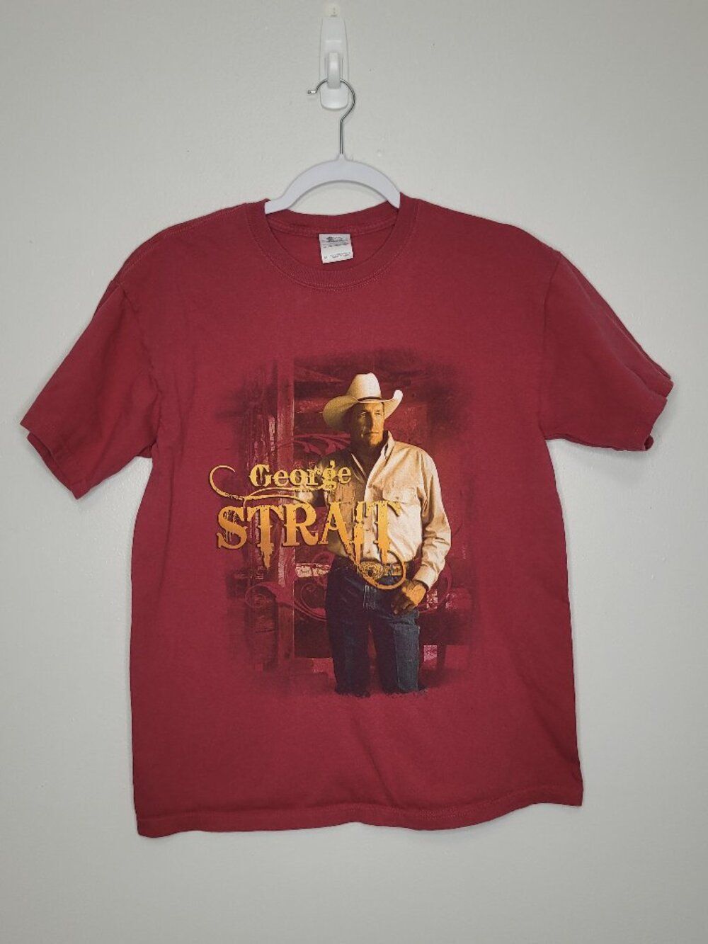 George Strait red short sleeve country graphic front band shirt size medium